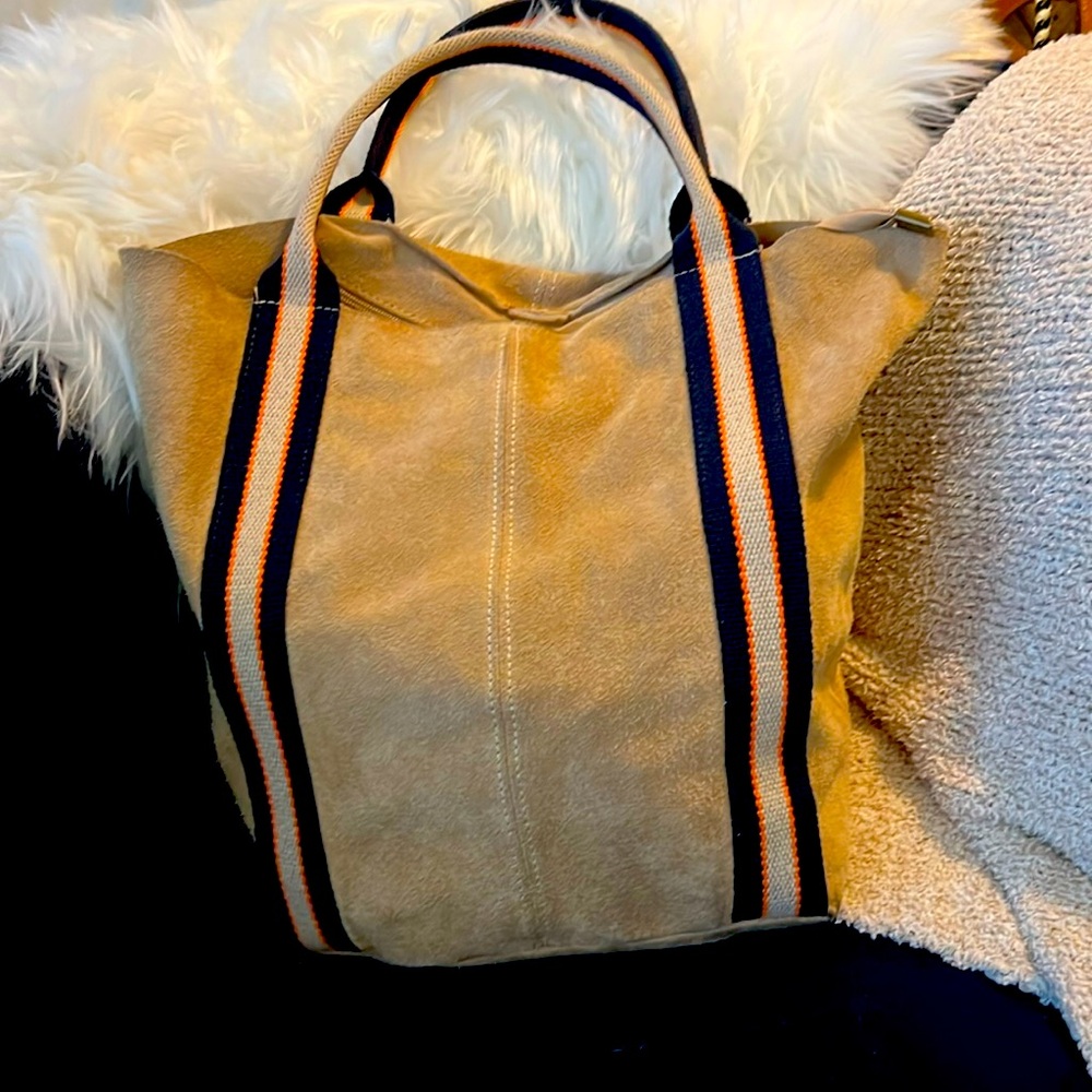 Genuine Leather Made in Italy Suede and Stripe Tan Tote Bag